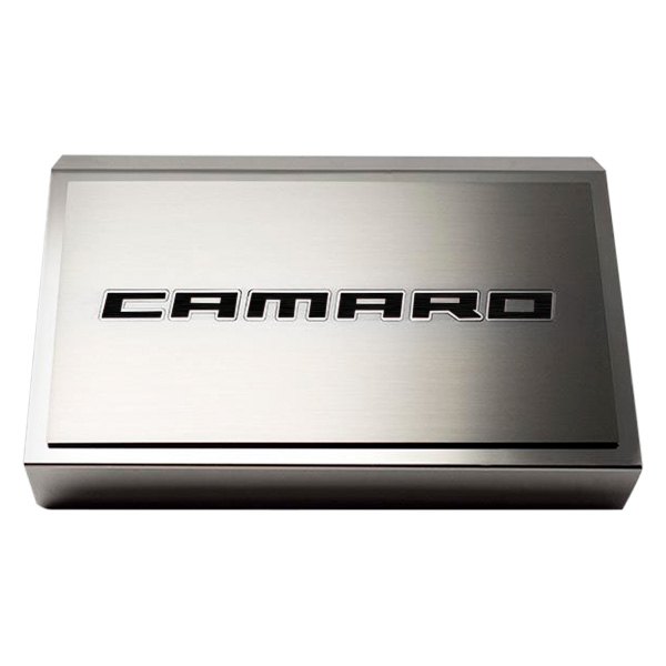 American Car Craft® - Polished Fuse Box Plate with Brushed Black Camaro Logo