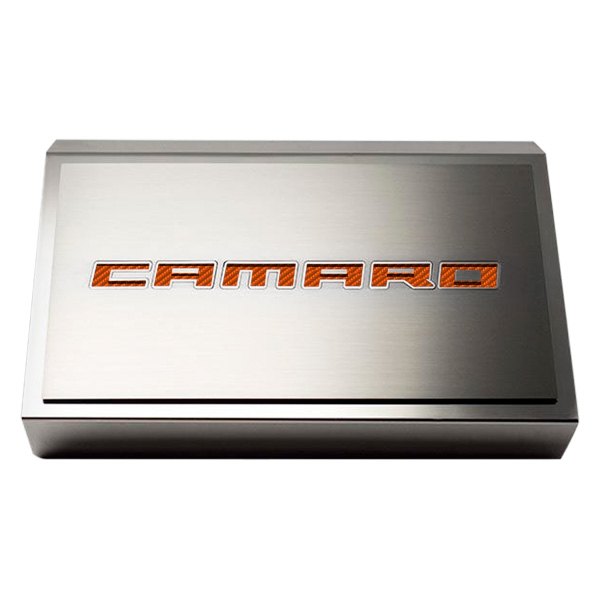 American Car Craft® - Polished Fuse Box Plate with Orange Camaro Logo