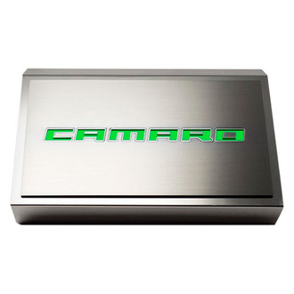 ACC® - Polished Fuse Box Plate with Synergy Green Solid Camaro Logo