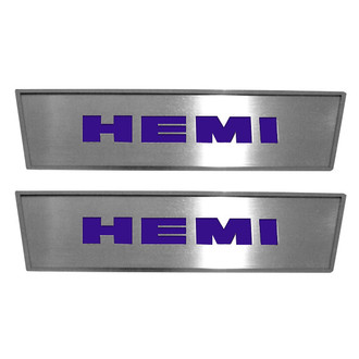 ACC® - GM Licensed Brushed Front Door Badge Plates with Plum Crazy Purple HEMI Logo