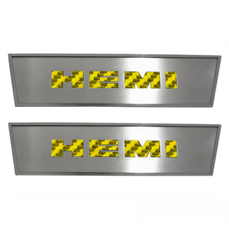 ACC® - GM Licensed Brushed Front Door Badge Plates with Yellow HEMI Logo