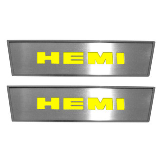 ACC® - GM Licensed Brushed Front Door Badge Plates with Yellow HEMI Logo