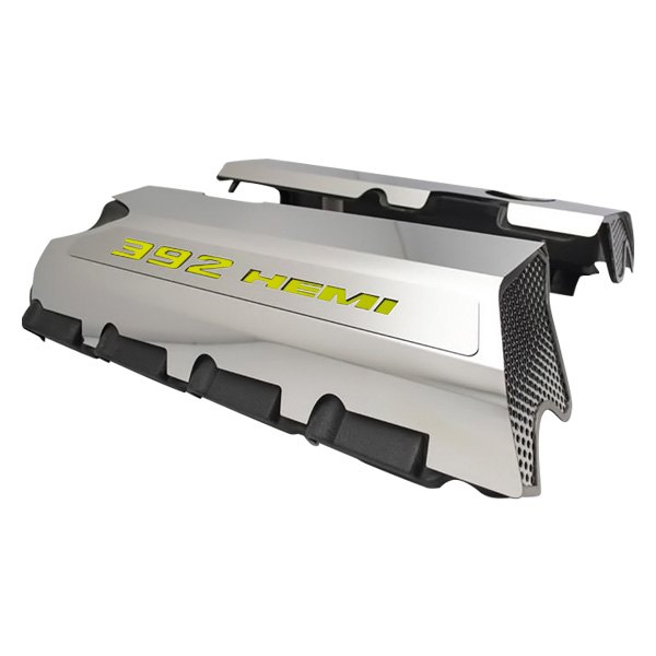 American Car Craft® - MOPAR Licensed Series Non-Illuminated Polished Fuel Rail Covers with Sublime Green 392 HEMI Logo