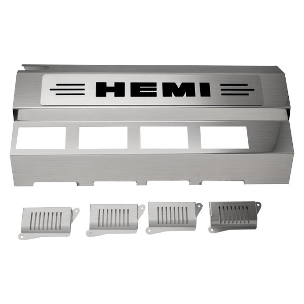 American Car Craft® - Replacement Style Non-Illuminated Polished Fuel Rail Covers with Brushed Black HEMI Logo