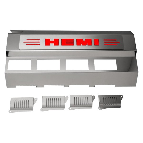 American Car Craft® - Replacement Style Non-Illuminated Polished Fuel Rail Covers with Bright Red HEMI Logo