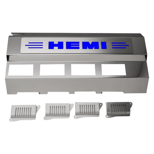 American Car Craft® - Replacement Style Non-Illuminated Polished Fuel Rail Covers with Dark Blue HEMI Logo