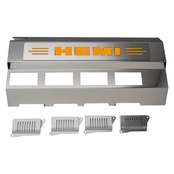 American Car Craft® - Replacement Style Non-Illuminated Polished Fuel Rail Covers with HEMI Orange HEMI Logo