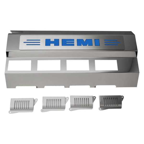 American Car Craft® - Replacement Style Non-Illuminated Polished Fuel Rail Covers with MOPAR Blue HEMI Logo