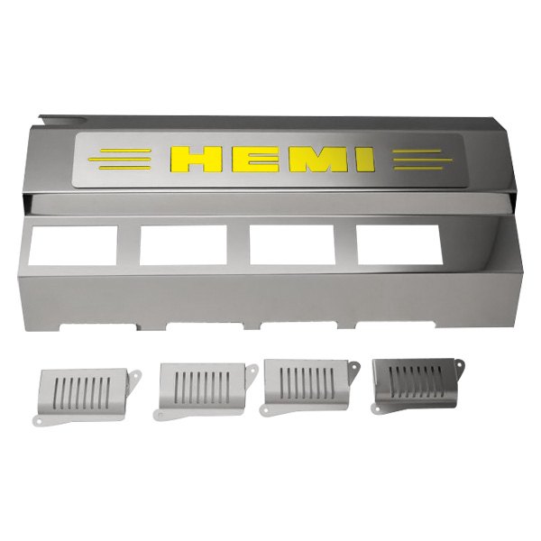 American Car Craft® - Replacement Style Non-Illuminated Polished Fuel Rail Covers with Yellow HEMI Logo