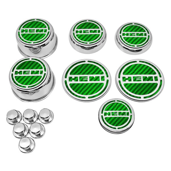 American Car Craft® - Chrome Cap Cover Set with Green HEMI Logo