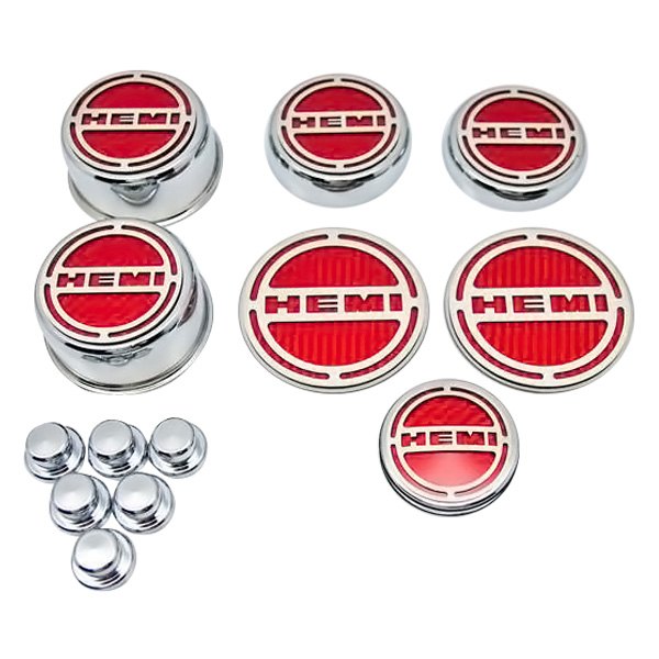 American Car Craft® - Chrome Cap Cover Set with Red HEMI Logo