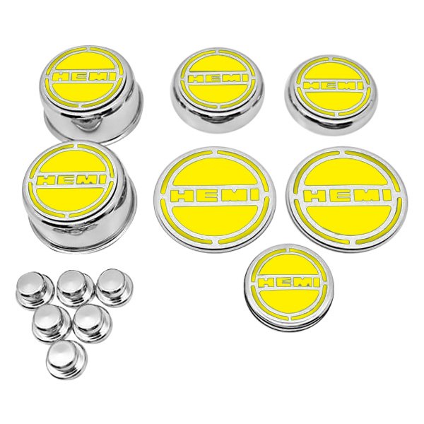 American Car Craft® - Chrome Cap Cover Set with Yellow HEMI Logo