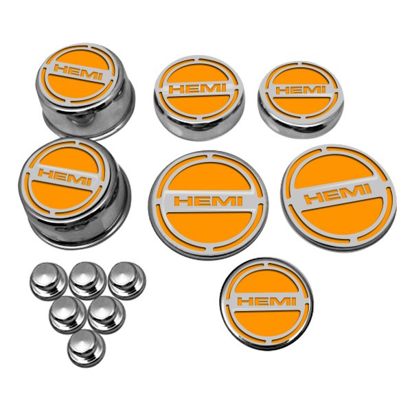American Car Craft® - Chrome Cap Cover Set with HEMI Orange HEMI Logo