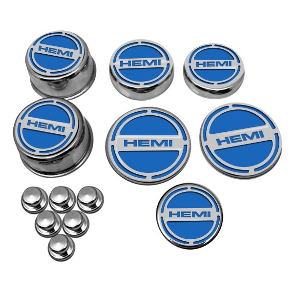 American Car Craft® - Chrome Cap Cover Set with MOPAR Blue HEMI Logo
