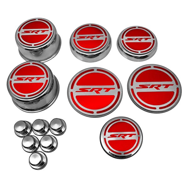 American Car Craft® - Chrome Cap Cover Set with Bright Red SRT8 Logo