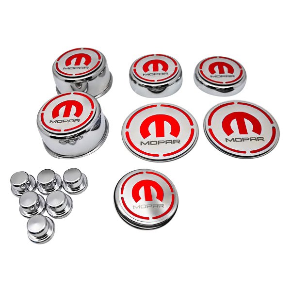 American Car Craft® - Polished Cap Cover Set with Bright Red MOPAR M Logo