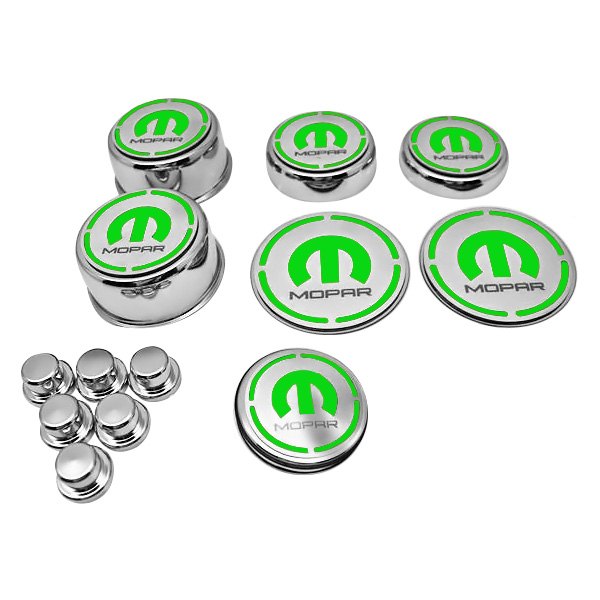 American Car Craft® - Polished Cap Cover Set with Sublime Green MOPAR M Logo