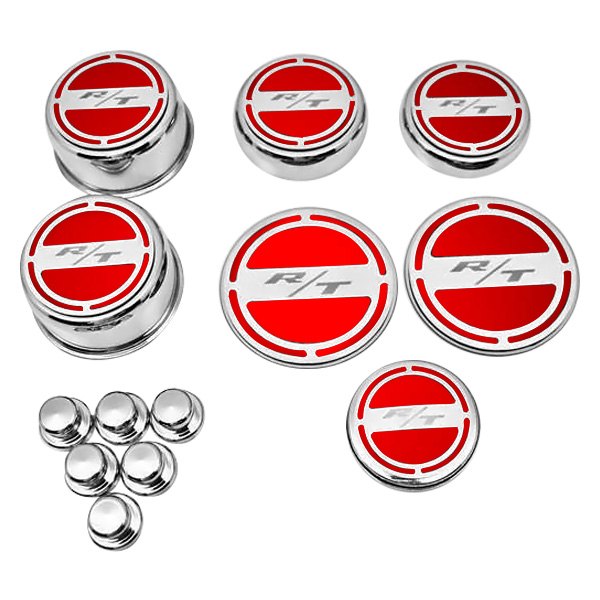 American Car Craft® - Chrome Bright Red Solid Cap Cover Set with RT Logo