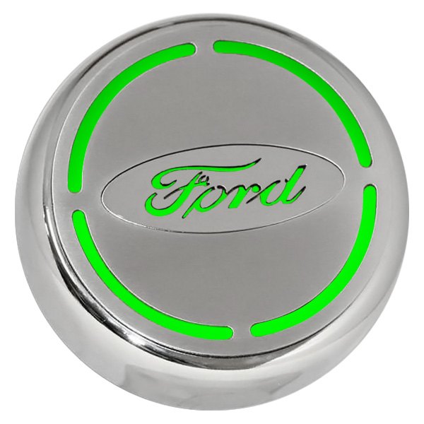 American Car Craft® - Brushed Engine Fluid Caps with Bullet Green Ford Logo
