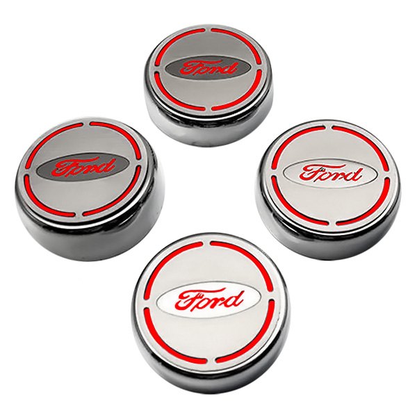 American Car Craft® - Brushed Engine Fluid Caps with Bright Red Ford Logo