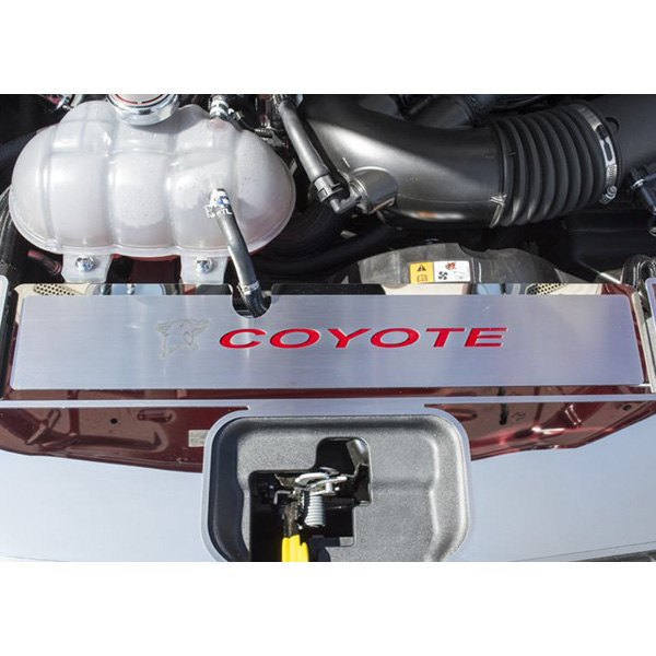 American Car Craft® - Brushed Radiator Cover Vanity Plate with Bright Red Etched Logo and Coyote Lettering