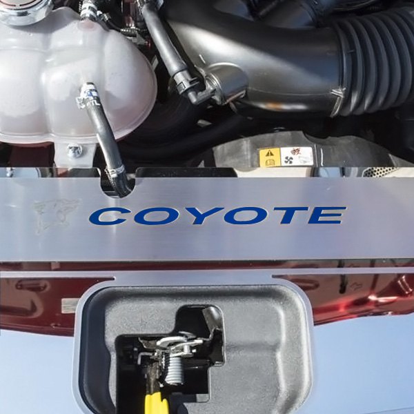 American Car Craft® - Brushed Radiator Cover Vanity Plate with Ford Blue Etched Logo and Coyote Lettering