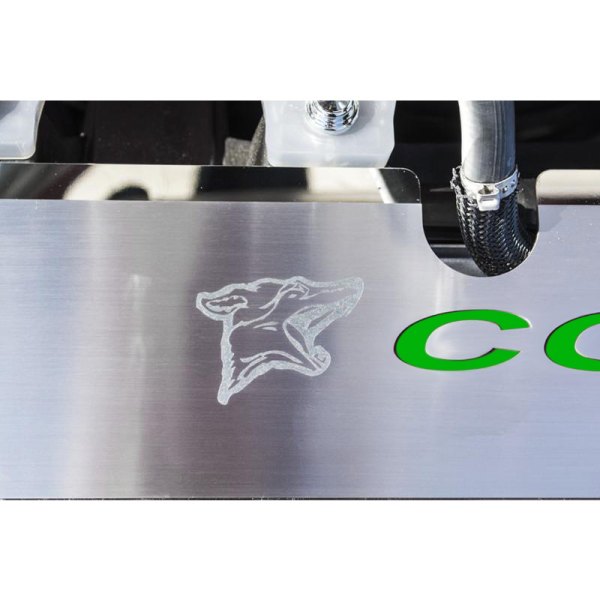 American Car Craft® - Brushed Radiator Cover Vanity Plate with Synergy Green Etched Logo and Coyote Lettering