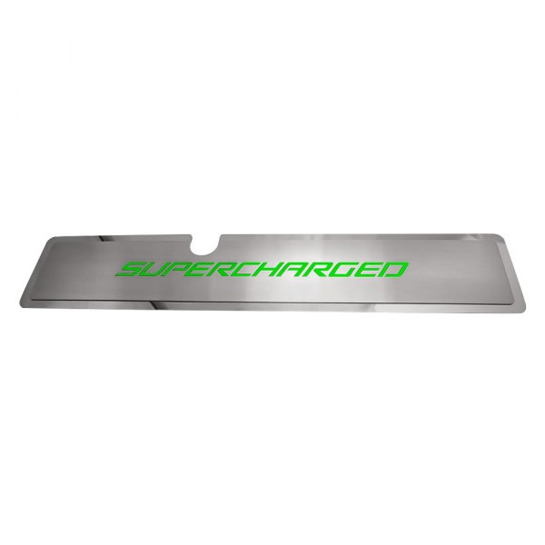 American Car Craft® - Brushed Radiator Cover Vanity Plate with Bullet Green Supercharged Lettering