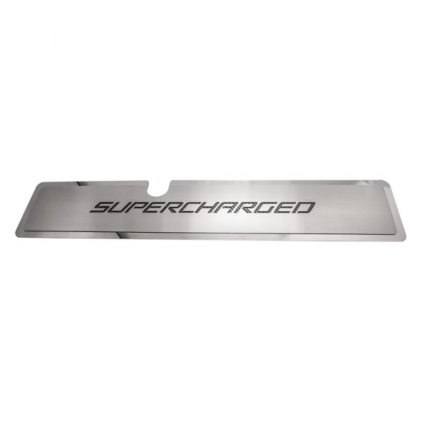 American Car Craft® - Brushed Radiator Cover Vanity Plate with Black Supercharged Lettering