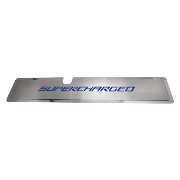 American Car Craft® - Brushed Radiator Cover Vanity Plate with Ford Blue Supercharged Lettering