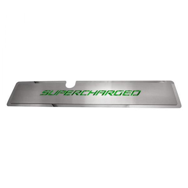 American Car Craft® - Brushed Radiator Cover Vanity Plate with Green Supercharged Lettering
