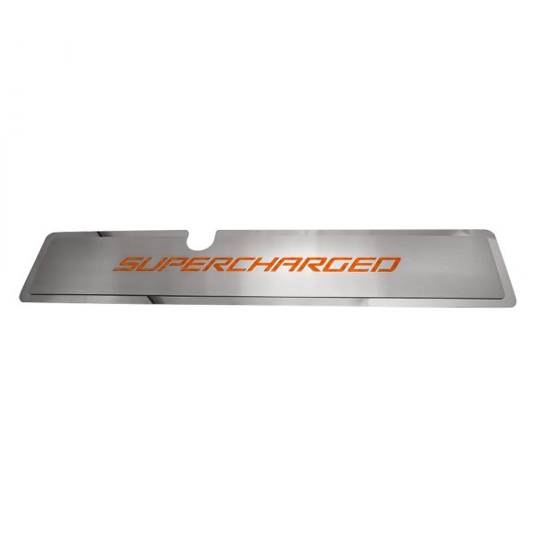 American Car Craft® - Brushed Radiator Cover Vanity Plate with Orange Supercharged Lettering