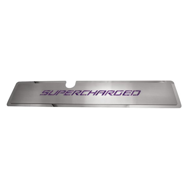 American Car Craft® - Brushed Radiator Cover Vanity Plate with Purple Supercharged Lettering