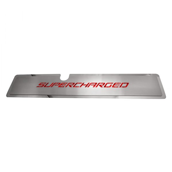 American Car Craft® - Brushed Radiator Cover Vanity Plate with Red Supercharged Lettering