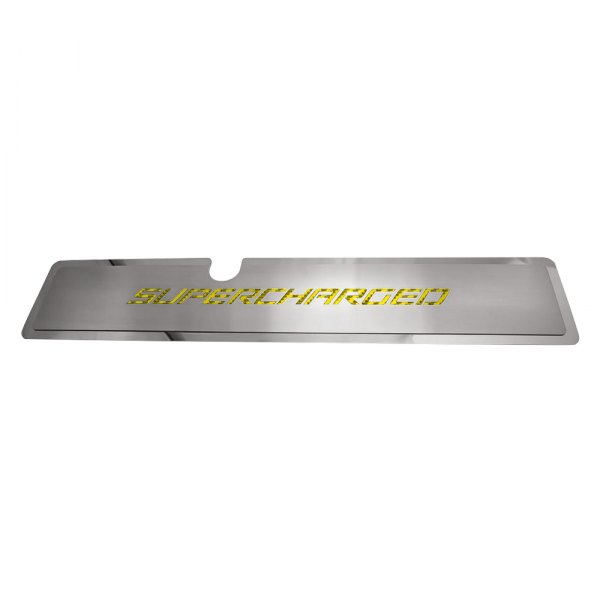 American Car Craft® - Brushed Radiator Cover Vanity Plate with Yellow Supercharged Lettering