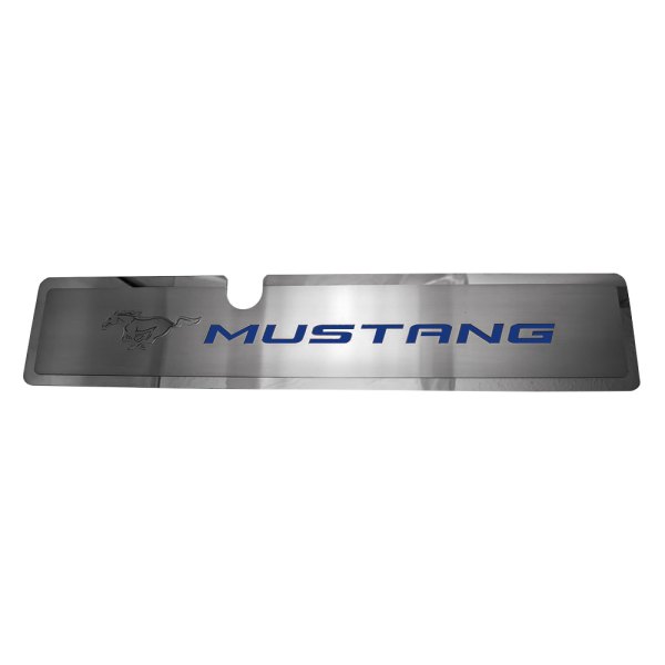 American Car Craft® - Brushed Radiator Cover Vanity Plate with Ford Blue Etched ''Pony'' and ''Mustang'' Lettering