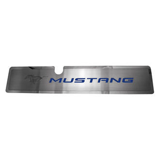ACC® - Brushed Radiator Cover Vanity Plate with Ford Blue Solid Etched ''Pony'' and ''Mustang'' Lettering