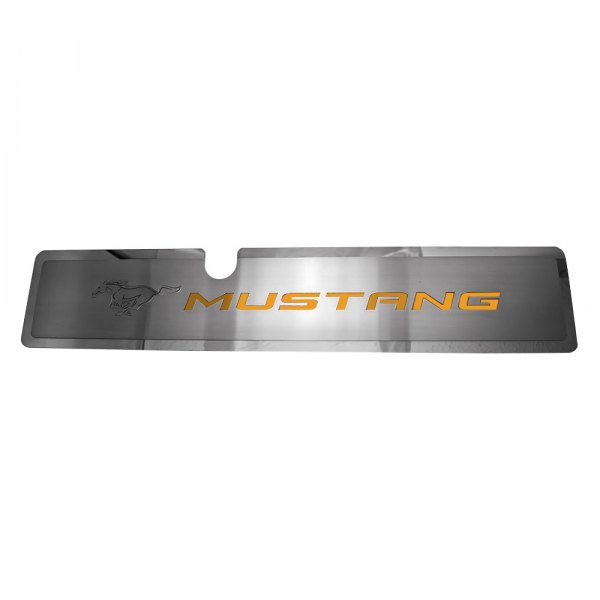 American Car Craft® - Brushed Radiator Cover Vanity Plate with Orange Fury Etched ''Pony'' and ''Mustang'' Lettering