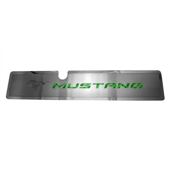 American Car Craft® - Brushed Radiator Cover Vanity Plate with Green Etched ''Pony'' and ''Mustang'' Lettering