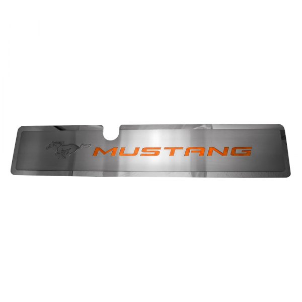 American Car Craft® - Brushed Radiator Cover Vanity Plate with Orange Etched ''Pony'' and ''Mustang'' Lettering