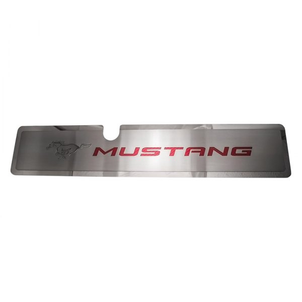 American Car Craft® - Brushed Radiator Cover Vanity Plate with Red Etched ''Pony'' and ''Mustang'' Lettering