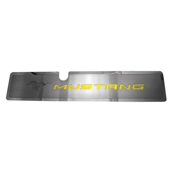 American Car Craft® - Brushed Radiator Cover Vanity Plate with Yellow Etched ''Pony'' and ''Mustang'' Lettering
