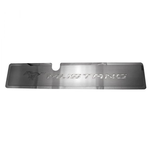American Car Craft® - Brushed Radiator Cover Vanity Plate with White Etched ''Pony'' and ''Mustang'' Lettering