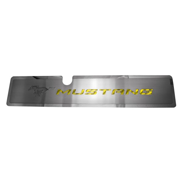 American Car Craft® - Brushed Radiator Cover Vanity Plate with Yellow Etched ''Pony'' and ''Mustang'' Lettering