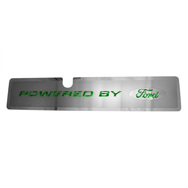 American Car Craft® - Brushed Radiator Cover Vanity Plate with Green "Powered by Ford" Lettering and Logo