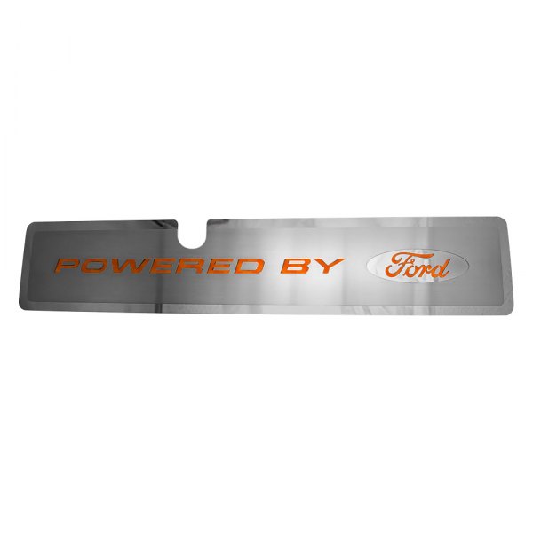 American Car Craft® - Brushed Radiator Cover Vanity Plate with Orange "Powered by Ford" Lettering and Logo