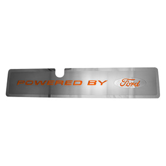 ACC® - Brushed Radiator Cover Vanity Plate with Orange Carbon Fiber "Powered by Ford" Lettering and Logo