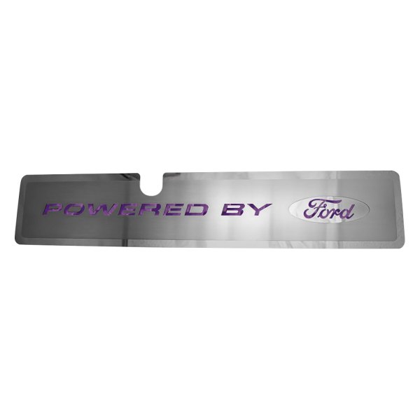 American Car Craft® - Brushed Radiator Cover Vanity Plate with Purple "Powered by Ford" Lettering and Logo