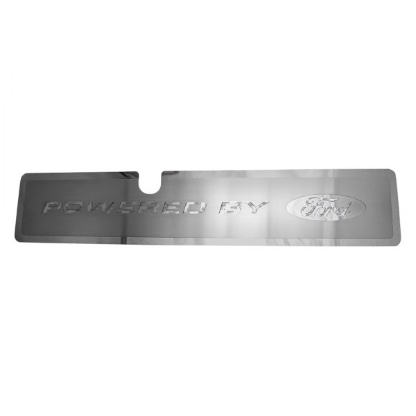 American Car Craft® - Brushed Radiator Cover Vanity Plate with White "Powered by Ford" Lettering and Logo