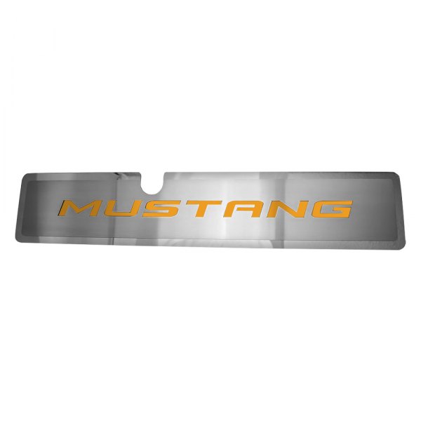 American Car Craft® - Brushed Radiator Cover Vanity Plate with Orange Fury "Mustang" Lettering